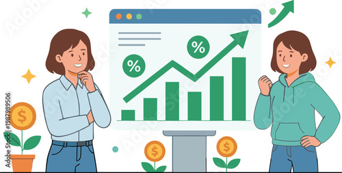 Two women discuss financial growth charts and graphs on a screen
