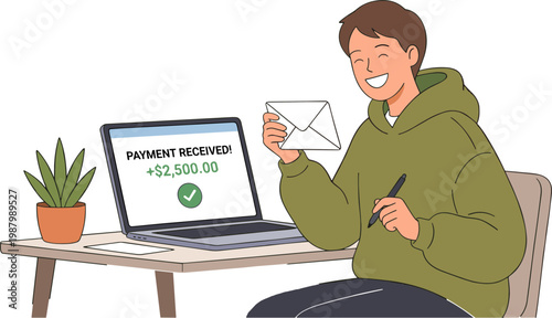 Man sitting at desk with laptop and plant receiving payment