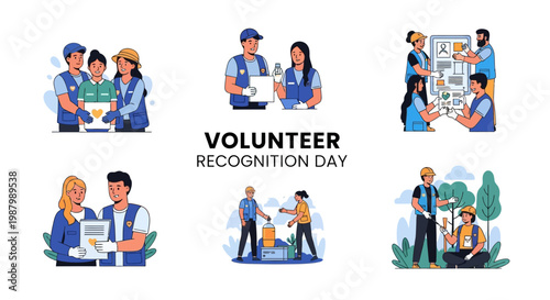 On Volunteer Recognition Day, a vector illustration depicts diverse groups participating in community service, including sorting donations and planning projects, rendered with a bright