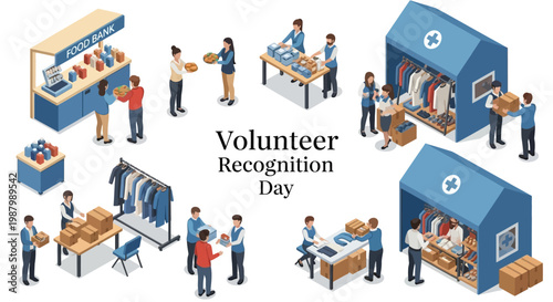 Isometric vector art celebrates Volunteer Recognition Day, depicting several diverse people actively volunteering at different stations, organizing food, clothing, and supplies for donation