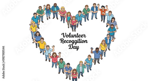 Overhead vector illustration shows a diverse group of people standing in a heart formation to celebrate Volunteer Recognition Day, presented against a clean white background with a bright