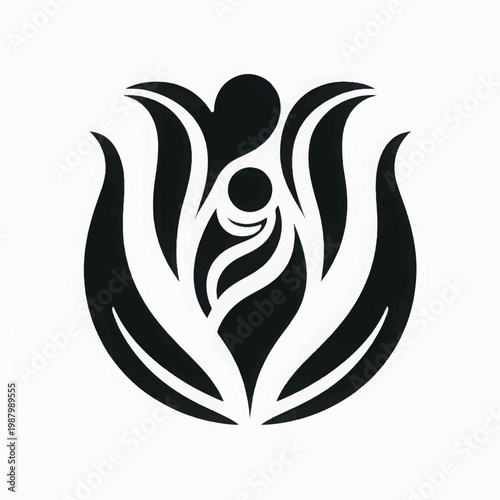 Stylized Motherhood and Child Care Logo Icon - Nature, Protection, and Wellness Symbol in Grunge Black and White Texture