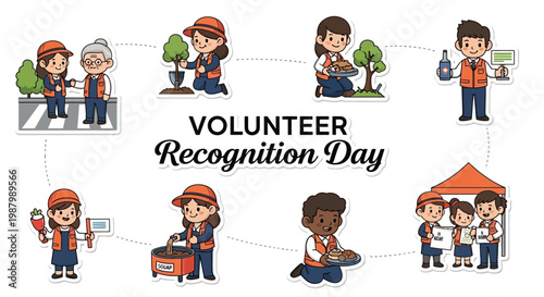 A vector illustration depicts Volunteer Recognition Day, showcasing diverse characters in various acts of community service—planting trees, assisting seniors, and organizing events—all set
