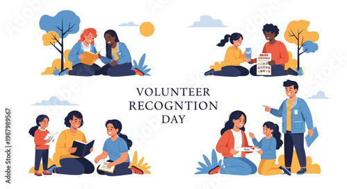 A flat vector illustration celebrates Volunteer Recognition Day with diverse groups of volunteers assisting and reading with children in outdoor settings, depicting a community service