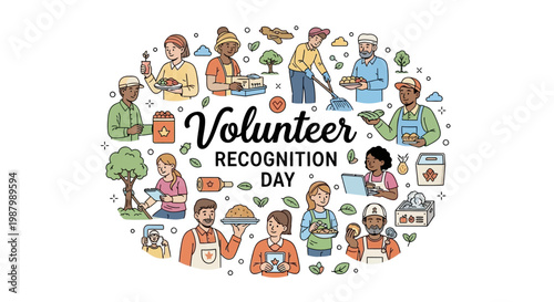 Diverse volunteers are depicted in a vector illustration for Volunteer Recognition Day, engaging in various community service activities such as gardening, cooking, and assisting others