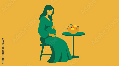 Pregnant Woman Sitting Next To A Bowl Of Fruit