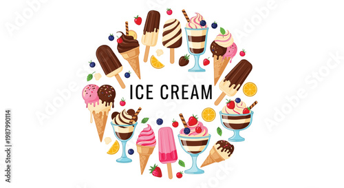 Circular arrangement of various ice cream desserts including cones, sundaes, and popsicles with berries and fruit slices on white.