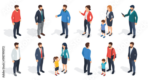Isometric set of diverse people characters in different clothing styles including business attire, casual wear, and family members.