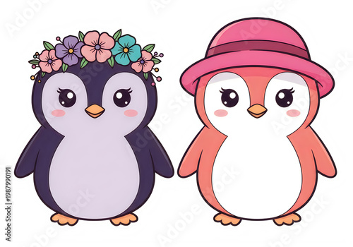 Two cartoon penguins wearing accessories on transparent background