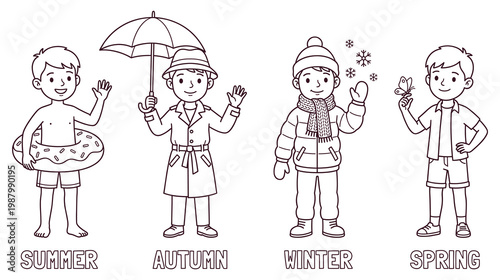 Boy in different seasonal outfits for summer, autumn, winter, spring.