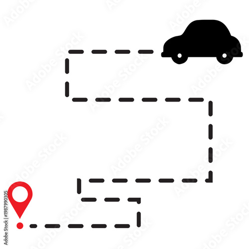 A car drives along a winding path to a location marker