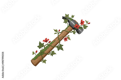 A whimsical hand painted wooden walking stick adorned with vibrant flowers and lush green foliage