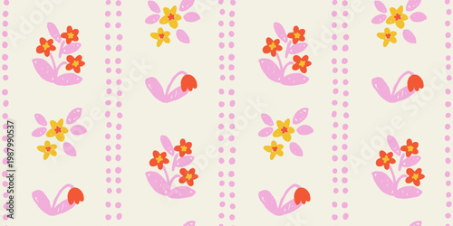 Hand Drawn Seamless Pattern with Pink Leafy Flowers and Dotted Lines on Cream Background