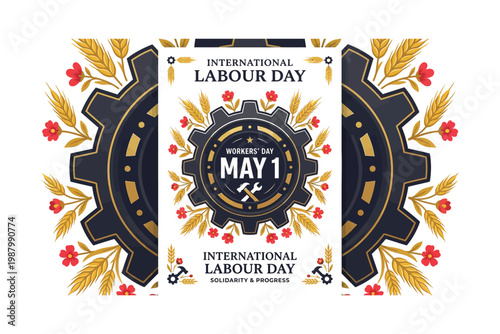 International labour day celebration a festive graphic with gears and floral elements