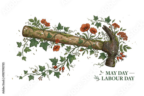 Vintage floral branch illustration with may day and labor day calligraphy