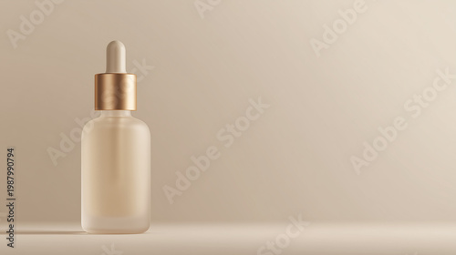 Minimalist cosmetic serum bottle with dropper on beige background, luxury skincare product mockup with copy space 