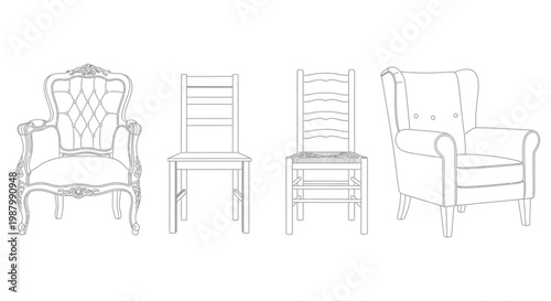 A collection of four distinct chair designs presented as simple black and white line drawings
