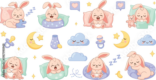 Cute Sleeping Baby Bunny Sticker Set with Moon, Stars, Clouds, Pillow, and Dreamy Night Elements for Kids and Nursery Designs