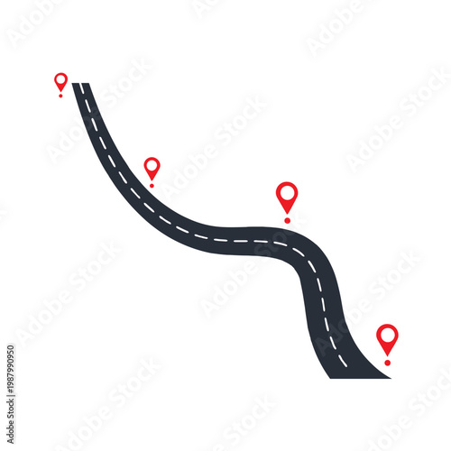 A winding road with several location markers on it