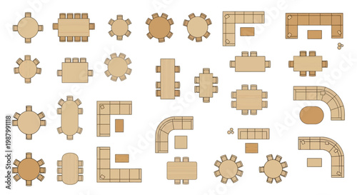 An assortment of overhead views depicting various table and furniture arrangements for interior design