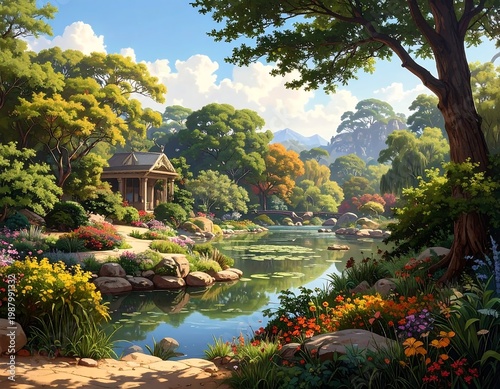 Serene landscape with a pond surrounded by vibrant flowers and trees
