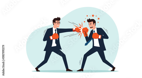 Illustration depicting two competitive businessmen in professional suits engaging in a boxing match to symbolize aggressive corporate rivalry and conflict.