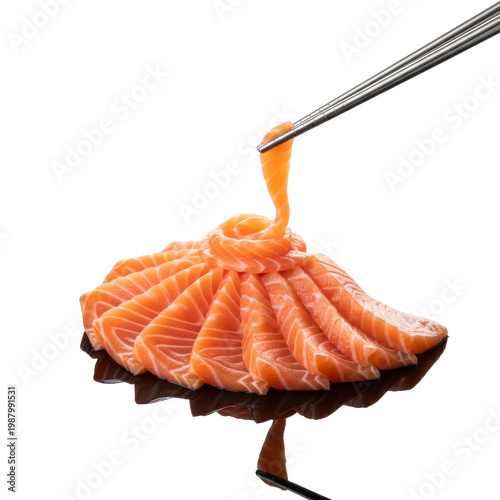 Wallpaper Mural Fresh salmon sashimi slices lifted by chopsticks against black backgro Torontodigital.ca