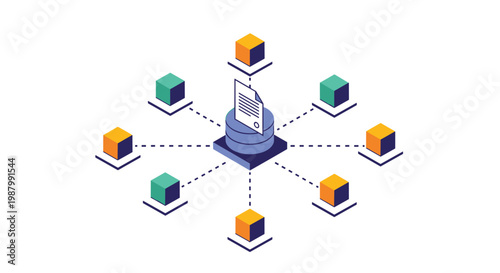 Digital network diagram showing central document connected to multiple colorful data cubes representing cloud storage.