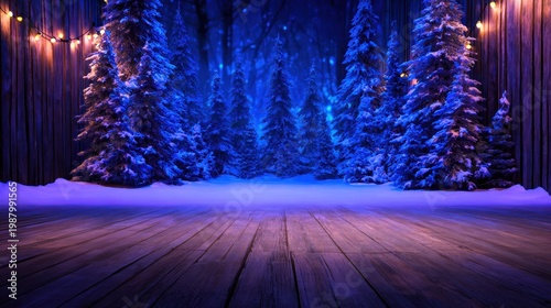 A serene winter scene with snow-covered trees and gentle fairy lights against a wooden backdrop