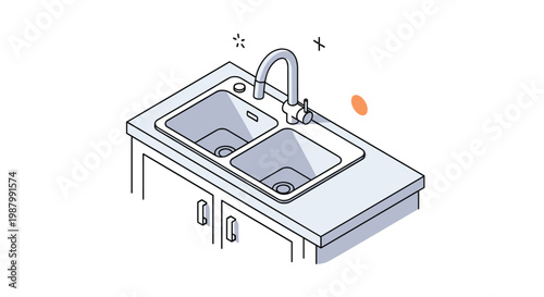 Modern kitchen double bowl sink with high arch faucet presented in a clean isometric illustration with soft blue tones.