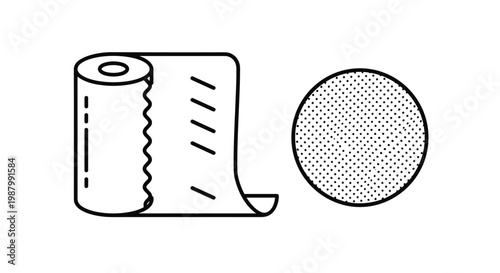 Absorbent paper towel roll shown next to a circular detail illustrating texture and thickness in a line art vector style.