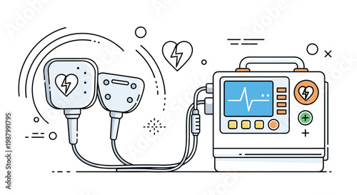 Medical automated external defibrillator machine with pads and heart rhythm monitor shown in a detailed vector illustration.