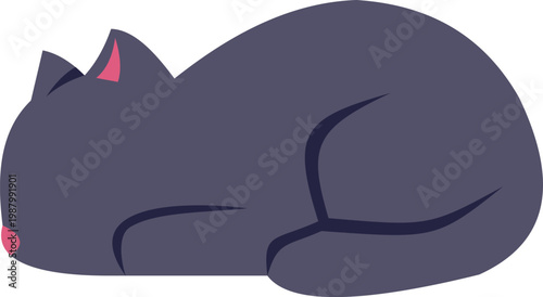 Cute black cat kitten sleeping peacefully curled up in a simple flat illustration