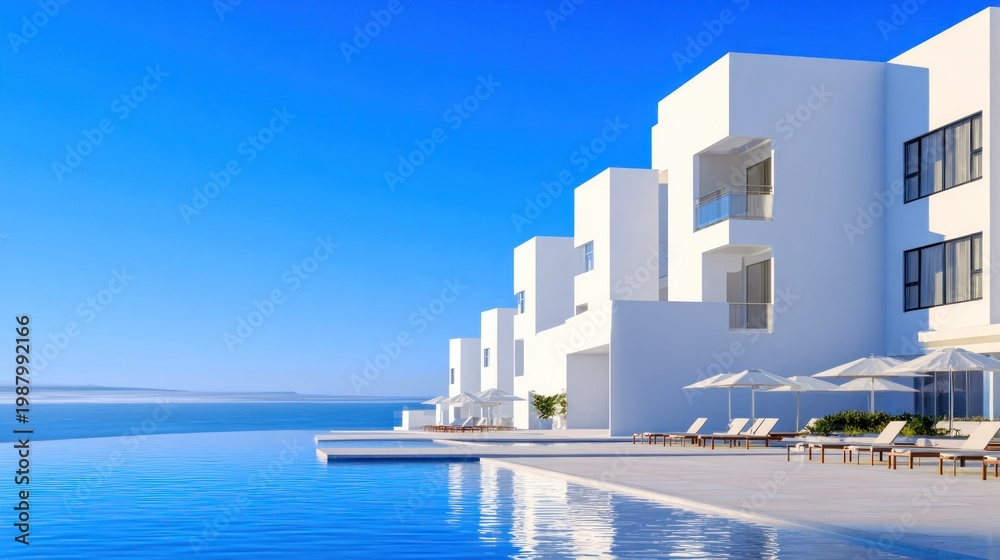 Naklejka premium White buildings overlook a tranquil infinity pool with ocean views under a clear blue sky