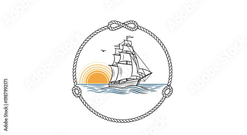 Classic sailing ship gliding across the sea towards a setting sun, enclosed within a circular nautical rope frame for maritime and nautical themes.