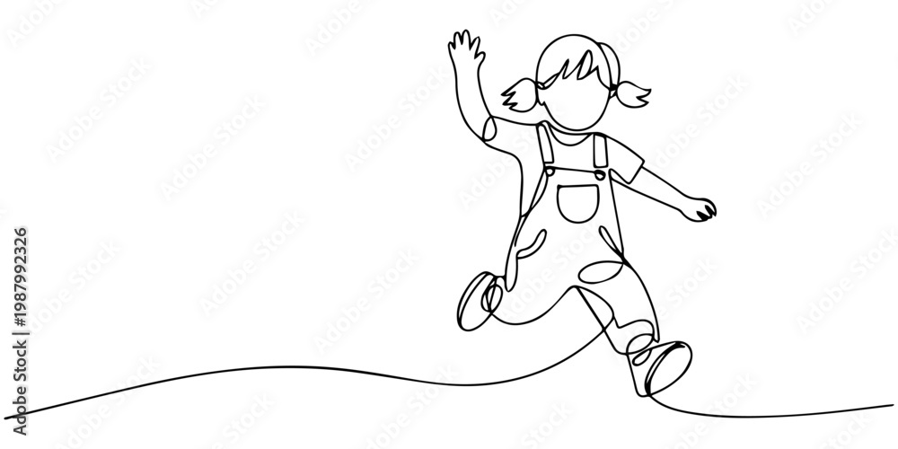Fototapeta premium Little boy jumping outline drawing illustration. one continuous line drawing of happy little boy walking, Continuous line drawing of happy man boy children dancing and jumping, Modern illustration