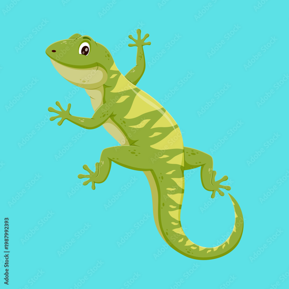 Obraz premium Cute Green Cartoon Lizard Gecko Character Vector Illustration - Friendly Climbing Reptile Mascot for Kids