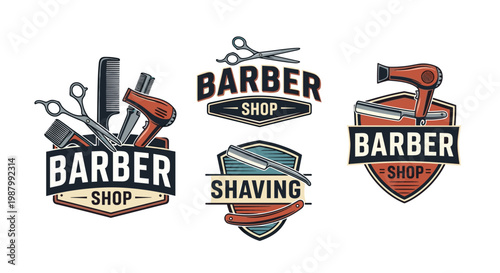 Professional barber shop logos featuring vintage styling, scissors, combs, straight razors, and hair dryers for male grooming and hair styling businesses.