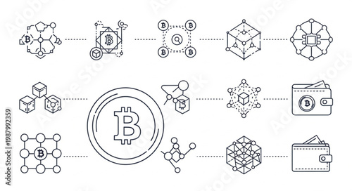 Digital Cryptocurrency Blockchain Technology Network and Wallet Icons.