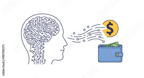 Artificial intelligence brain concept showing digital ideas being converted into monetary value and saved in a wallet.