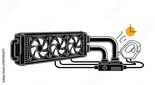 Advanced liquid cooling radiator system with three fans and a pump for high performance computer hardware cooling.