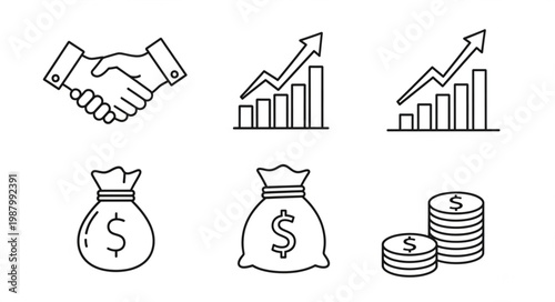 Hand drawn business finance and growth icons set.