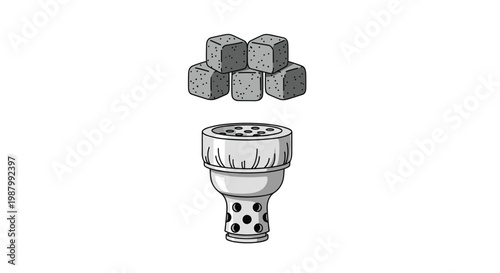 Illustration of a traditional hookah bowl with a decorative base and a pile of charcoal cubes ready for a relaxing smoking session in a lounge setting.