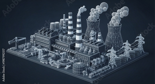 Industrial Power Plant Complex with Smoking Stacks and Cooling Towers.