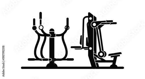 Professional gym fitness equipment silhouettes featuring a stationary elliptical trainer and a heavy-duty chest press machine set.