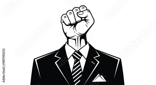 Conceptual black and white illustration of a businessman with a clenched fist in place of a head, representing power, aggression, and protest.