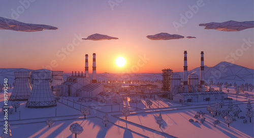 Industrial power plant complex at sunset in a snowy landscape.