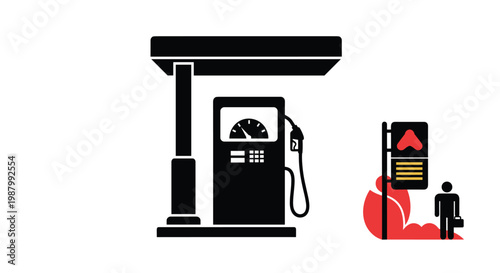 Black silhouette of a gasoline pump at a fuel station with a service sign and a man carrying a briefcase daily.