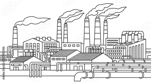 Industrial Factory Complex With Smoke Stacks Emitting Smoke.