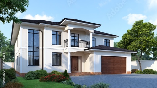 Modern two-story house with large windows, garage, landscaped garden, and paved driveway